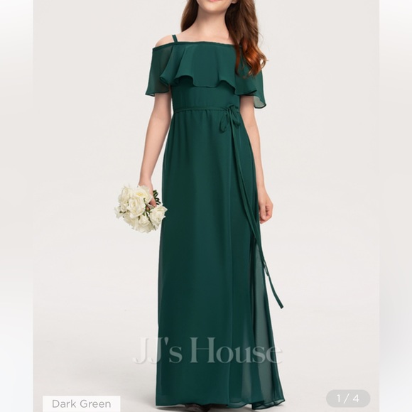 Desert rose color A-line Off the Shoulder Chiffon Junior Bridesmaid Dress - Picture 3 of 6